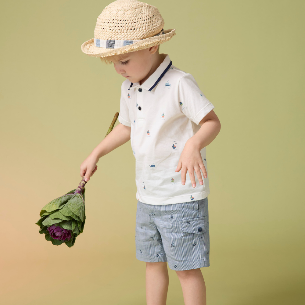 PIPPY 清爽直條紋船錨印花彈性棉4分短褲 藍