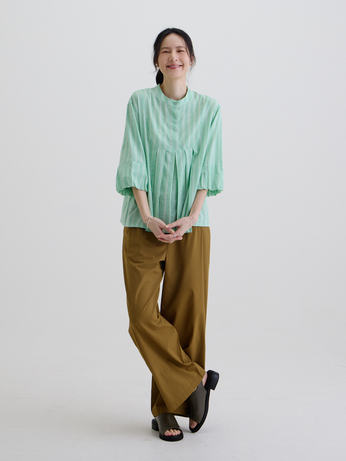 航海手札七分袖上衣-綠條紋