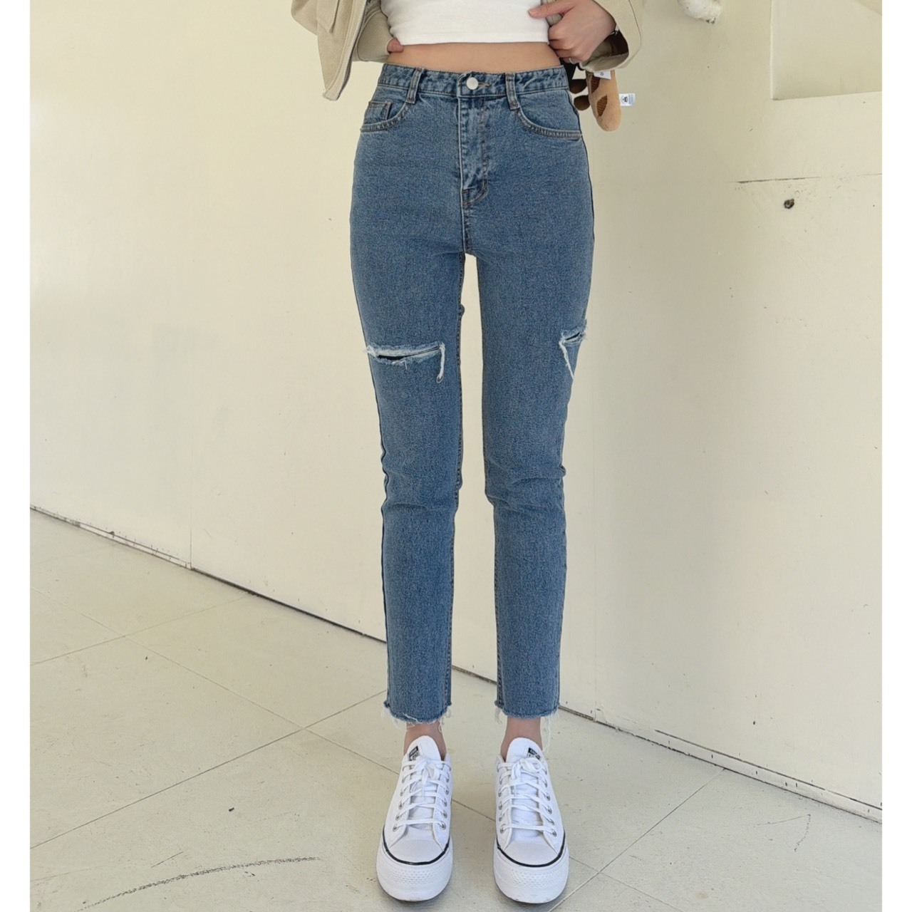 ［預購］🧨02.25早春第一檔新品］-10kg極品瘦瘦褲］🇰🇷正韓高腰超顯瘦假割破合身牛仔褲（SML）