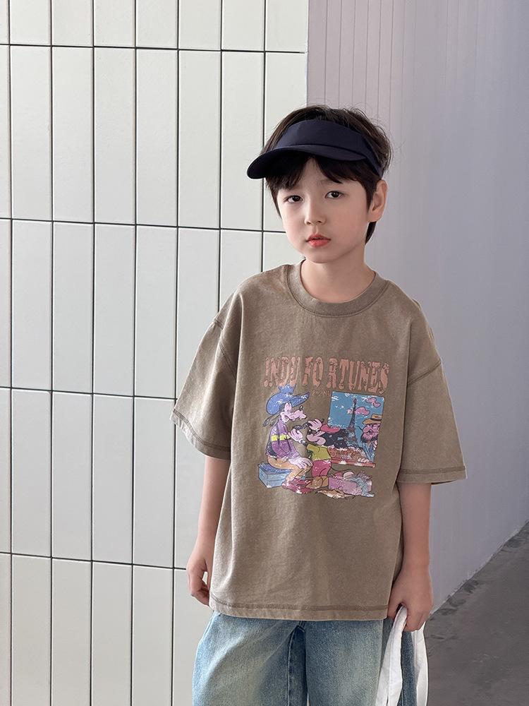 【H0376】中大童復古水洗棉卡通印花寬鬆上衣(90-170)