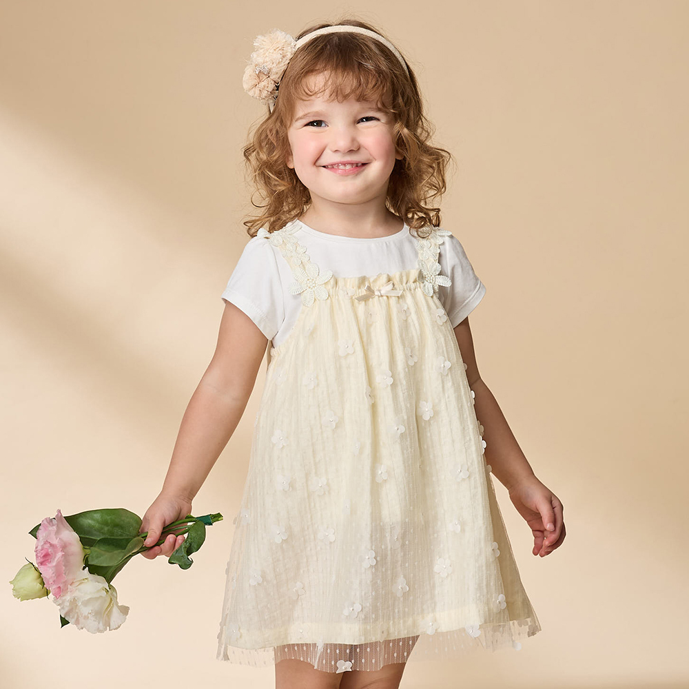 PIPPY 典雅蕾絲花吊帶裙兩件式洋裝 米黃