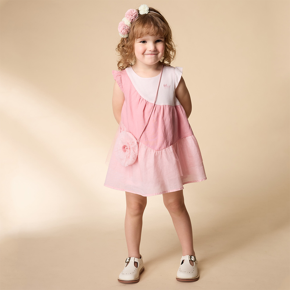 PIPPY 不對稱剪接小花型包圓領無袖棉麻洋裝 粉