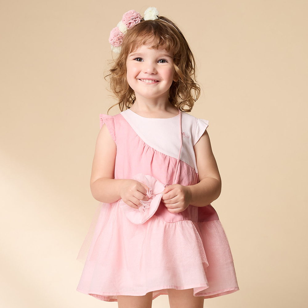 PIPPY 不對稱剪接小花型包圓領無袖棉麻洋裝 粉