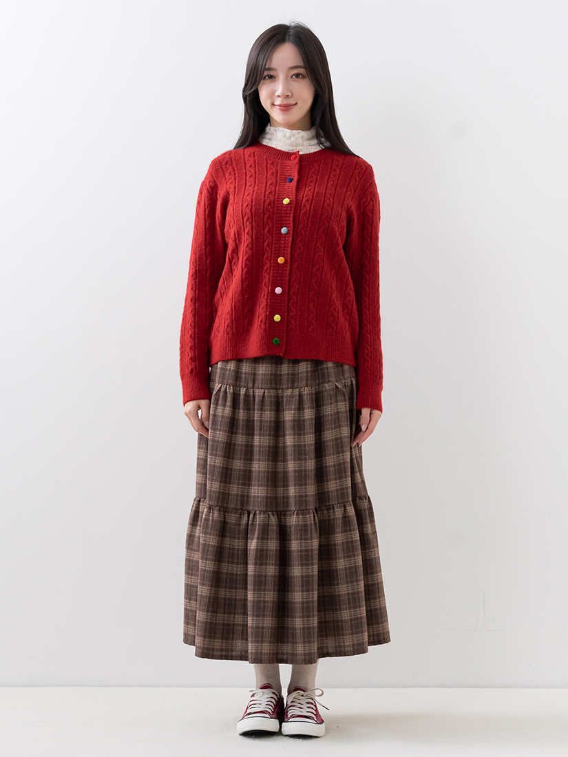 彩色絨釦針織上衣木耳邊內搭法蘭絨長裙組合