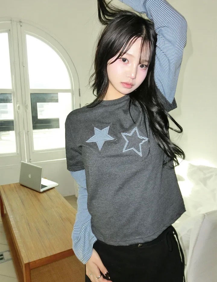 【延長優惠8/3完85折優惠！優惠預訂】KR STAR PATCH STRIPE LONG-SLEEVE TEE（3色）