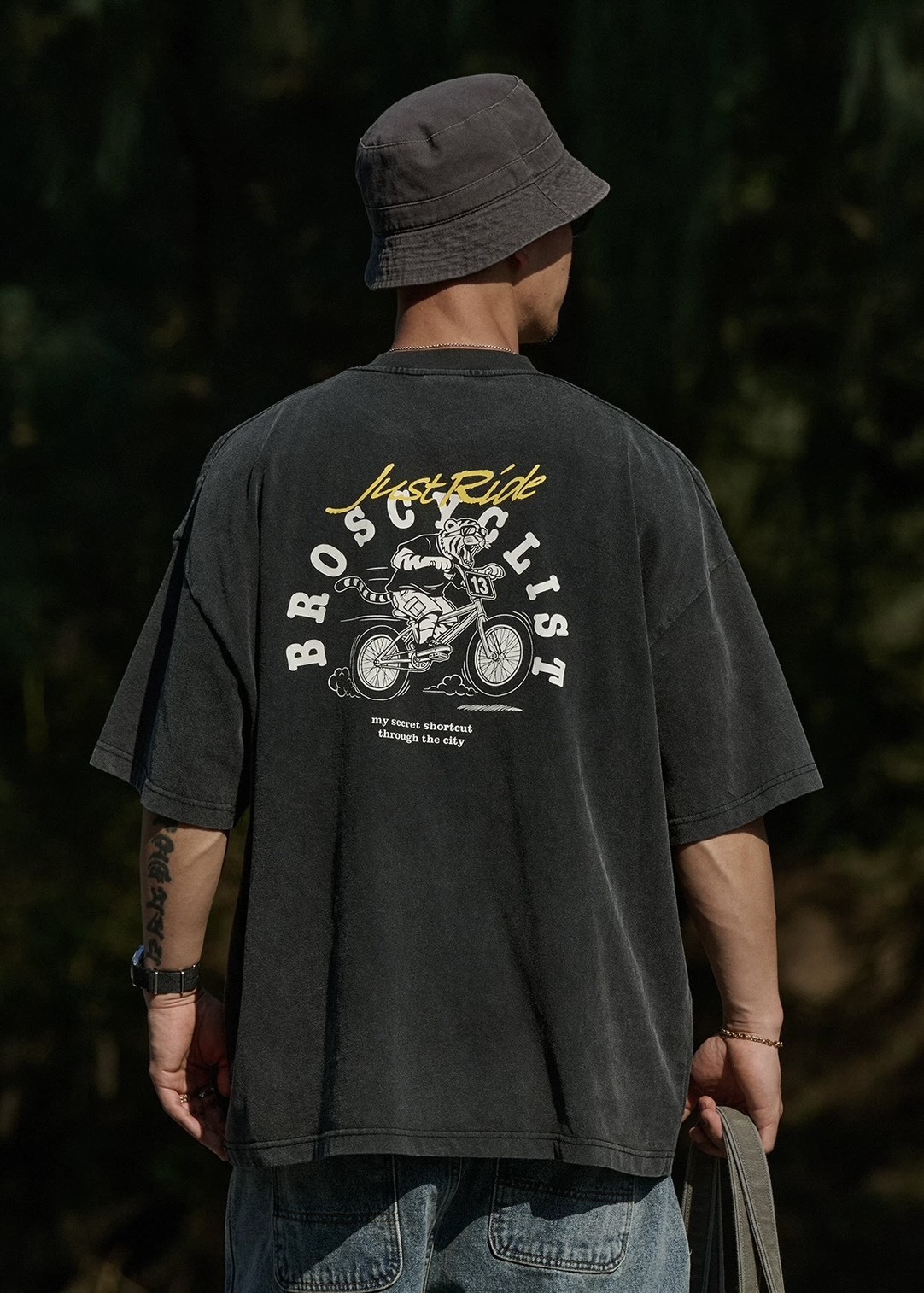 #預購 Broshood 26SS 日系復古 寬鬆沙洗做舊 老虎單車微裂漿印花短袖 三色