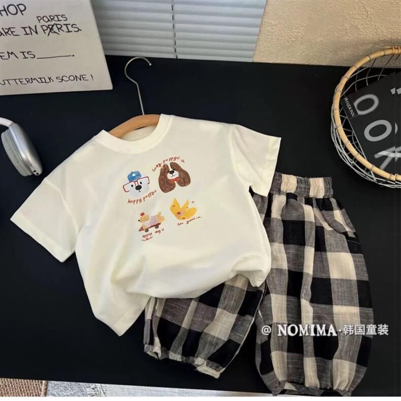 【H0380】可愛小狗好朋友短袖上衣/寬黑格七分褲套裝(80-140)
