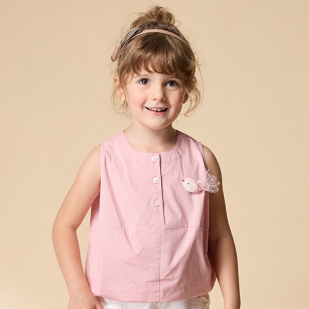 PIPPY 典雅素面小鳥別針下擺氣球抽縐無袖圓領上衣 粉