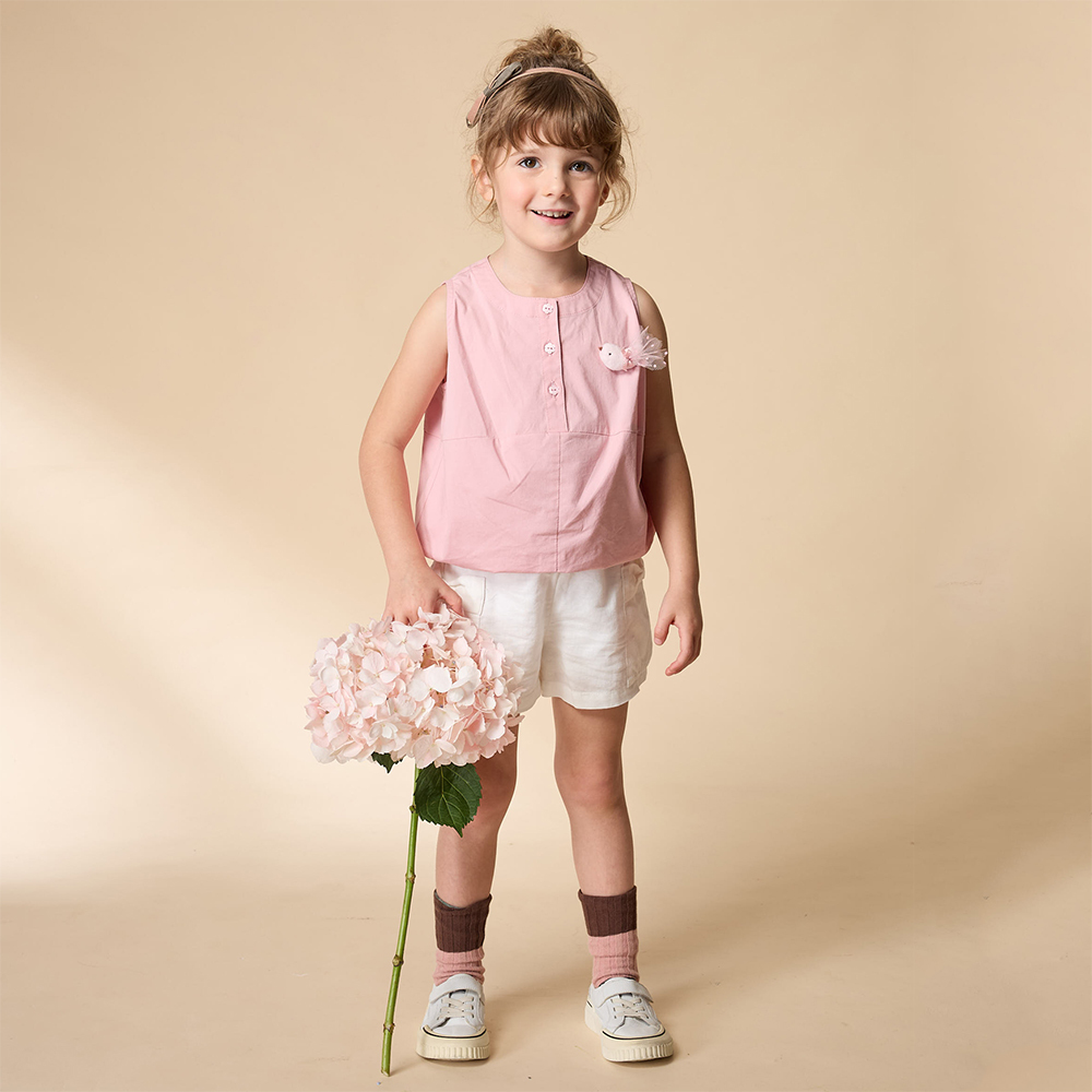 PIPPY 典雅素面小鳥別針下擺氣球抽縐無袖圓領上衣 粉