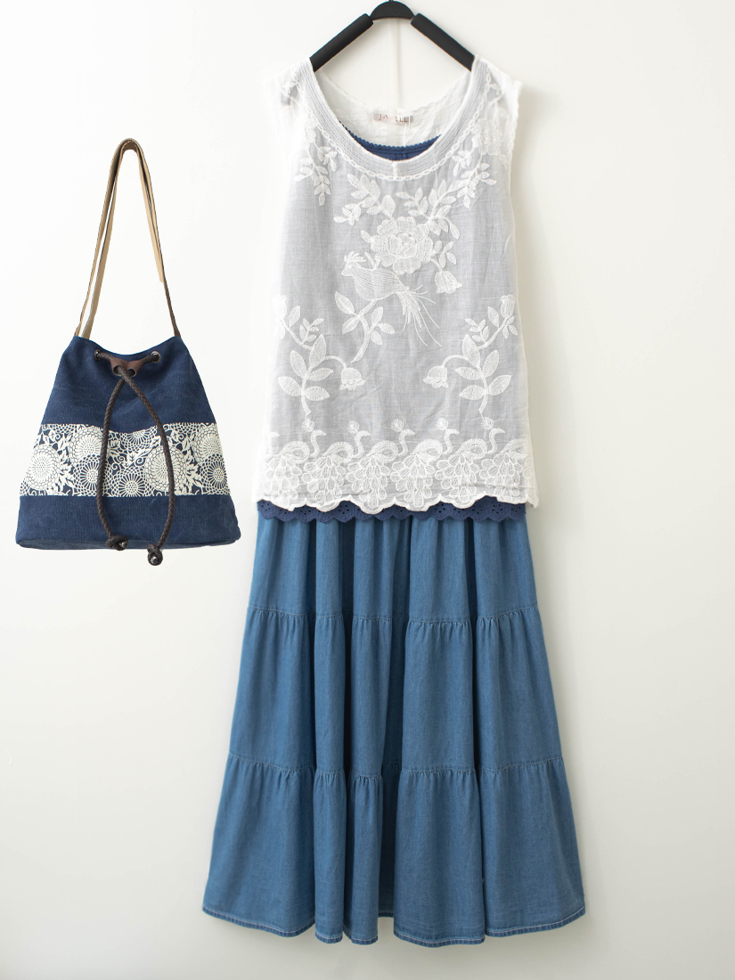 皺褶繡花背心木釦蕾絲背心蛋糕長裙組合