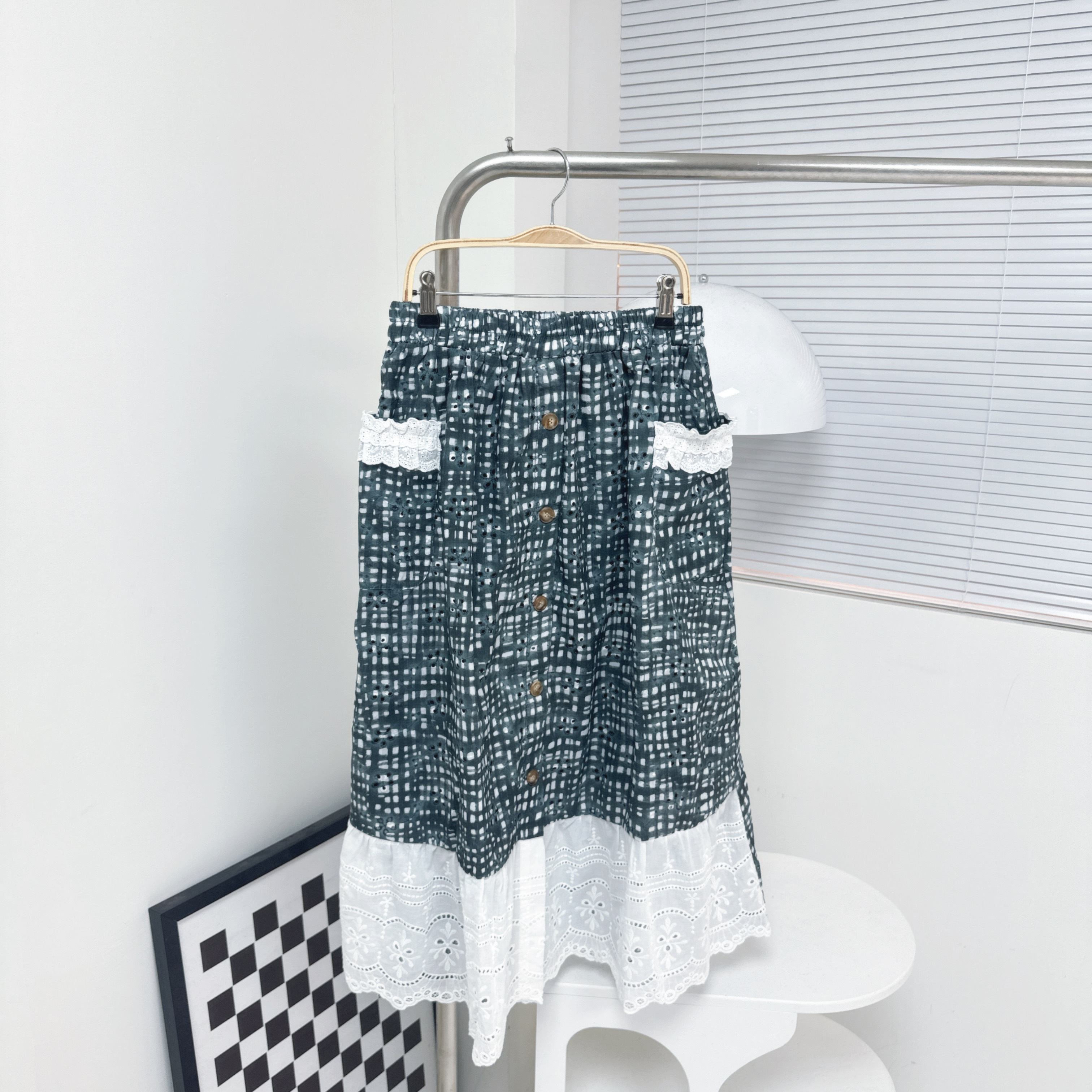 【廠家制】全橡筋腰印格仔通花腳半裙