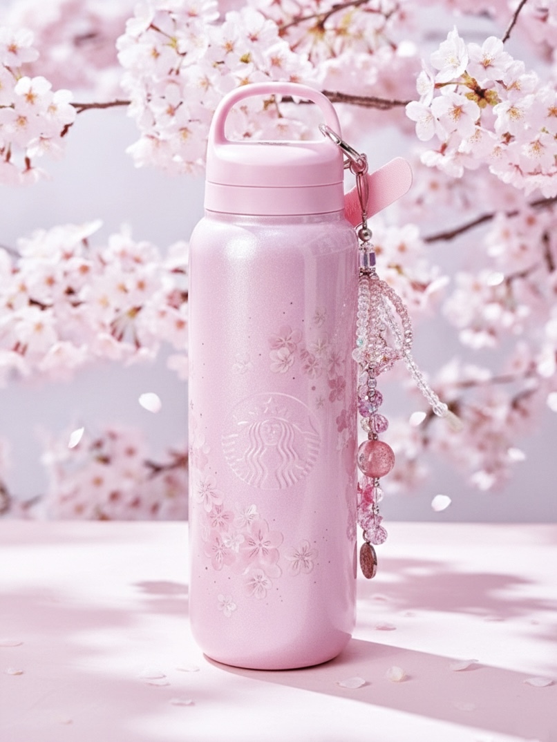 STARBUCKS 星巴克 細閃 珠光 櫻花粉 520ML 保溫杯 配串珠掛飾