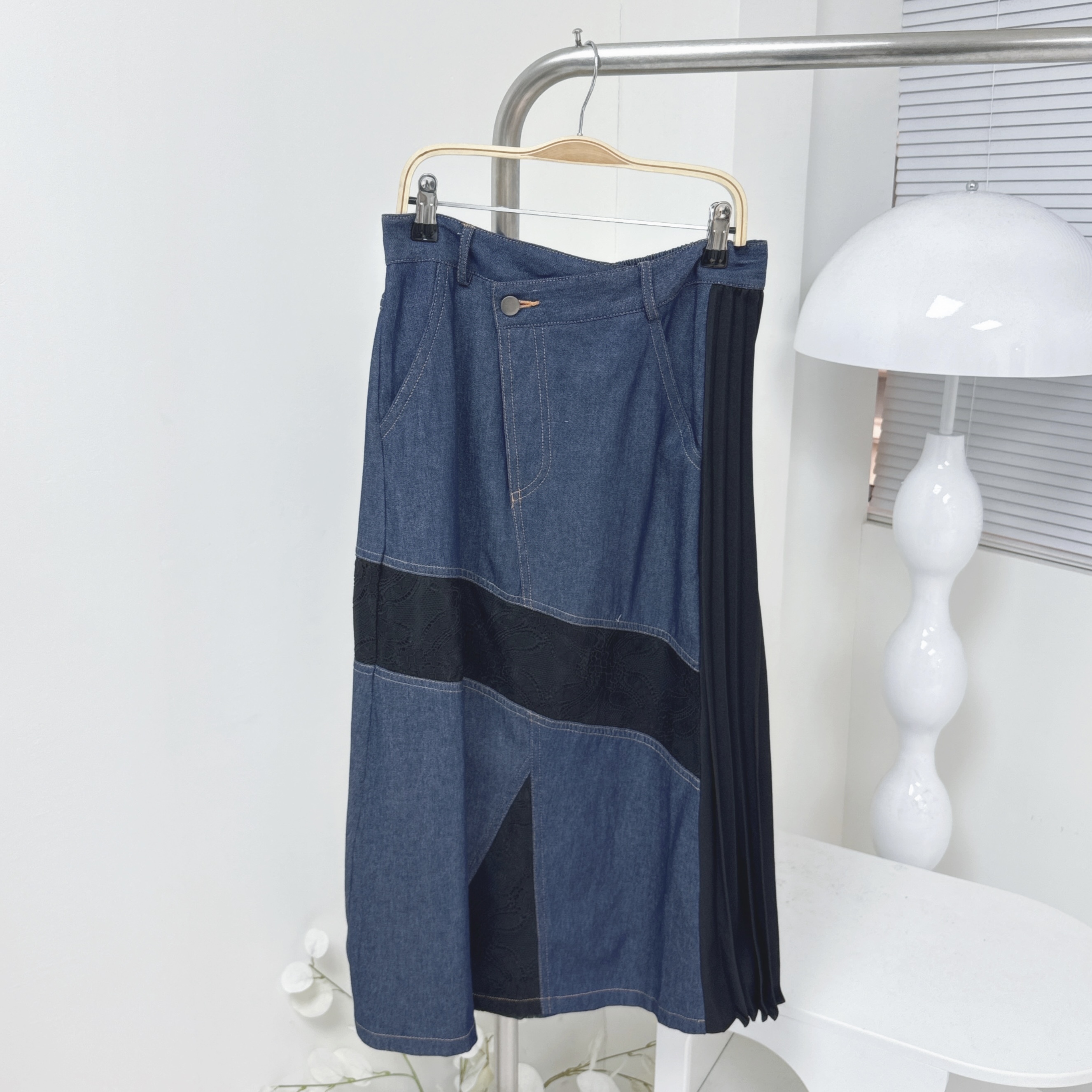 【廠家制】拼百摺Lace牛仔半裙