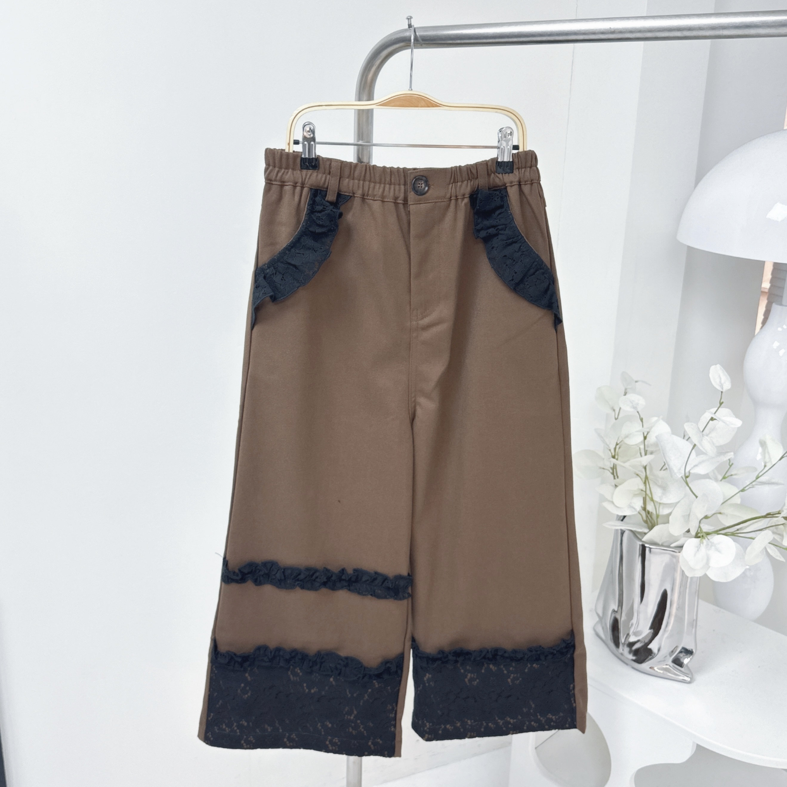 【廠家制】全橡筋腰Lace邊闊褲