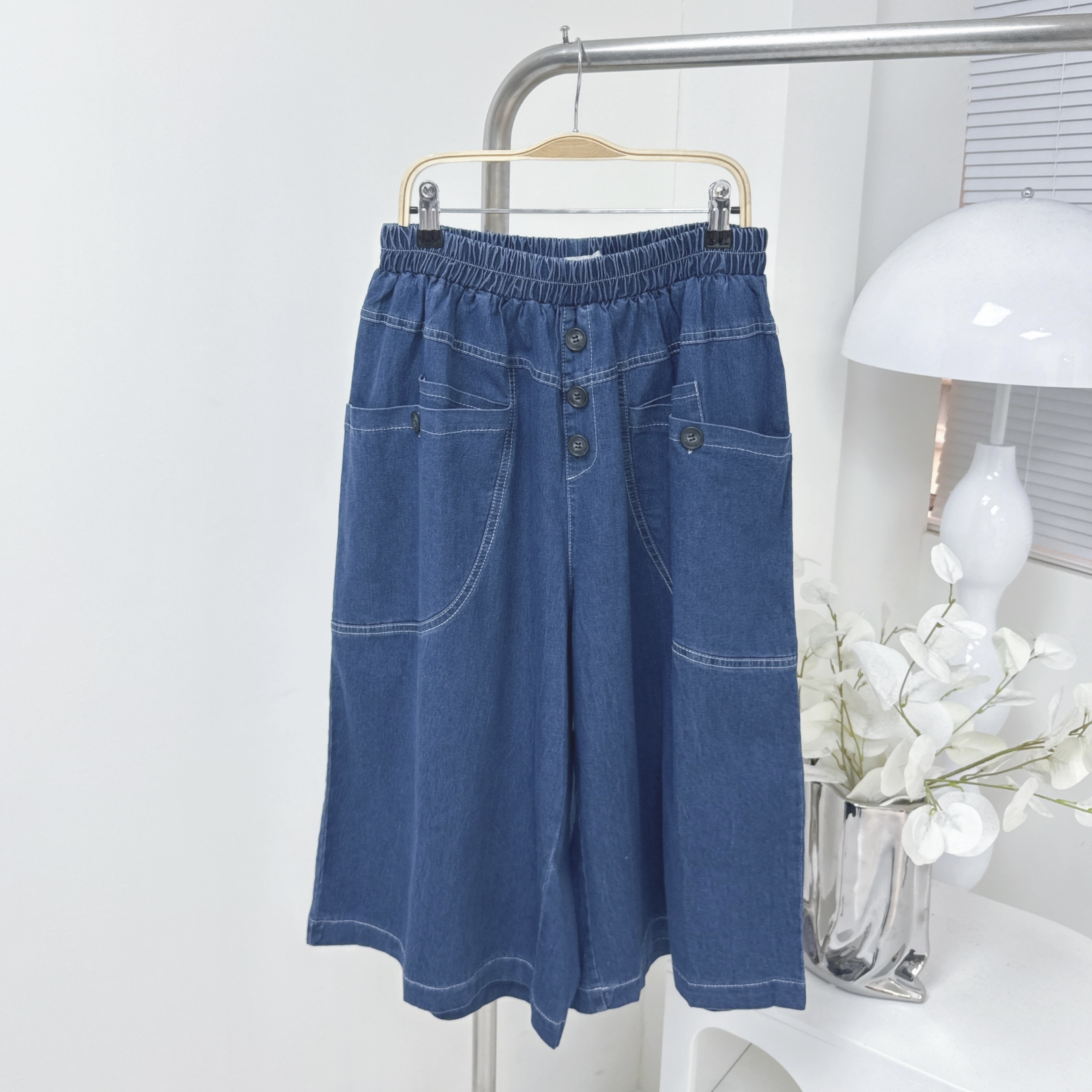 【廠家制】全橡筋鈕扣中長牛仔褲