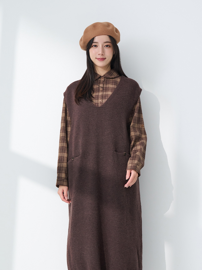 經典法蘭絨格紋半開襟洋裝