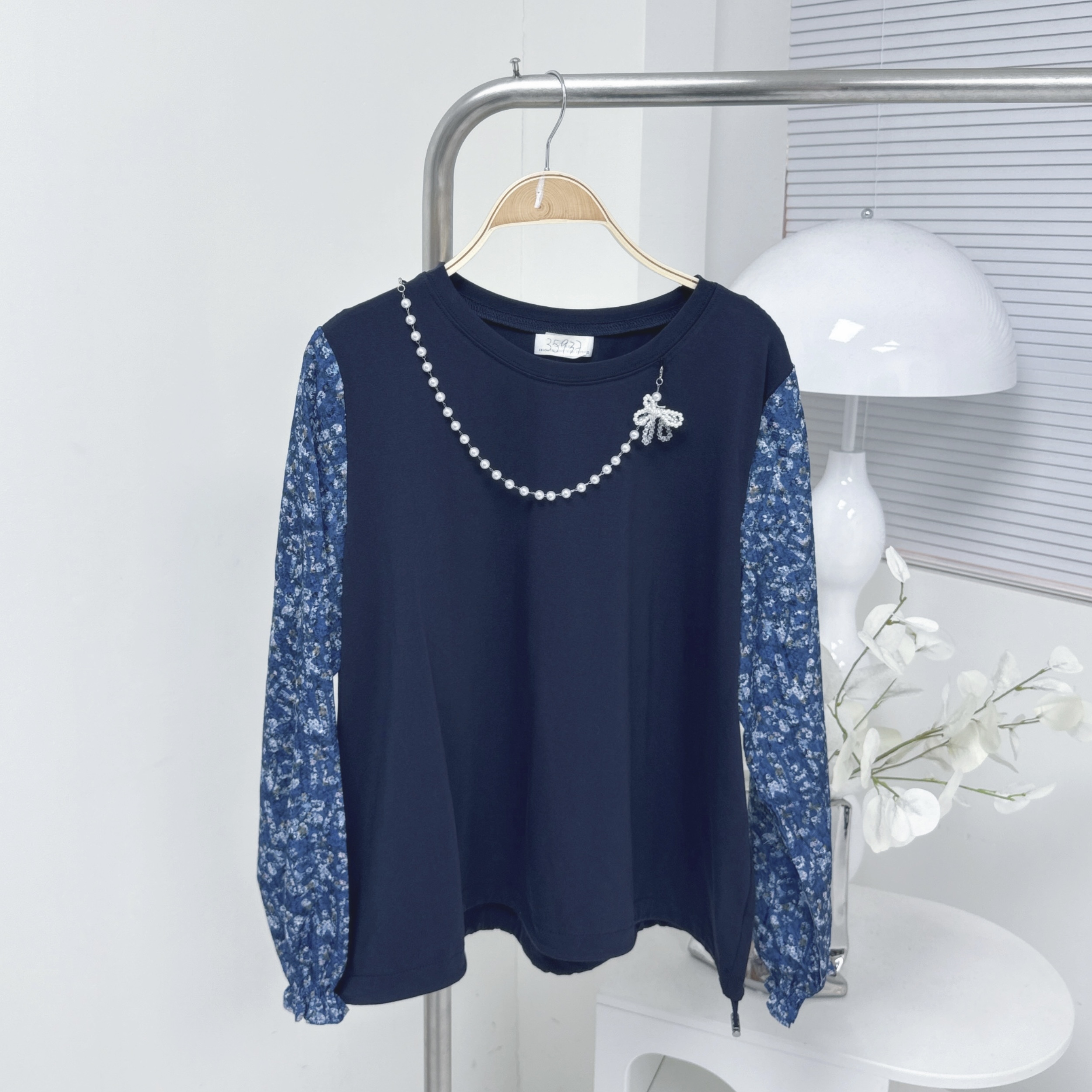 【廠家制】珍珠鏈花布長袖TOP