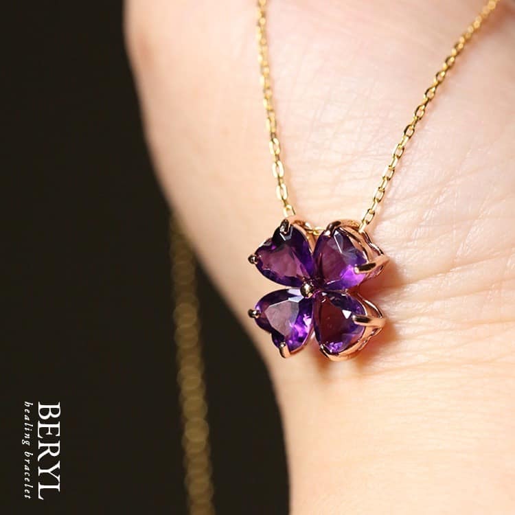 烏拉圭天然紫水晶幸運草純銀鍍玫瑰金套鍊