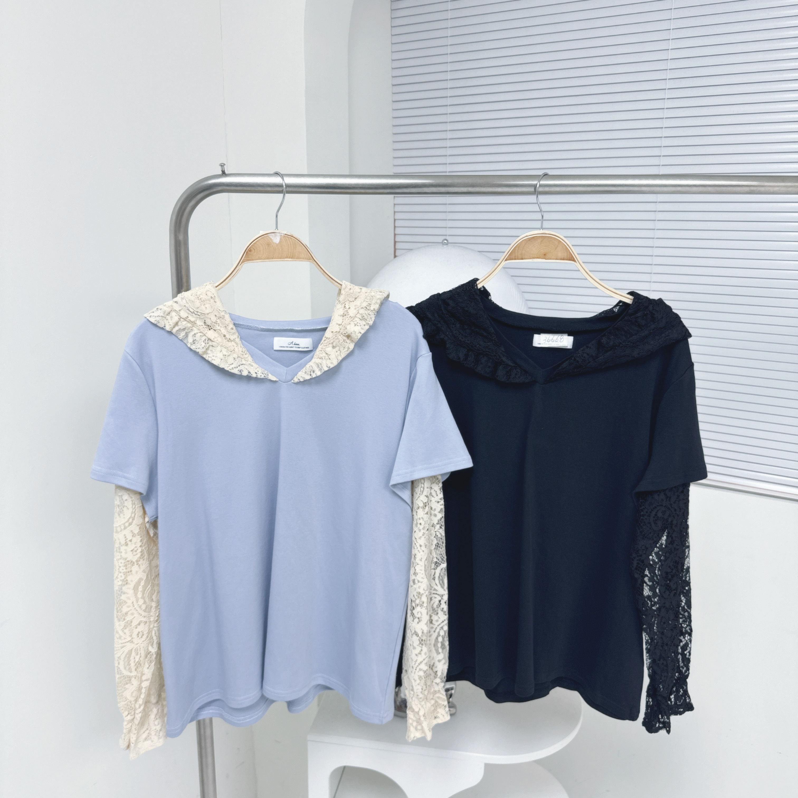 【廠家制】假兩件Lace袖有帽TOP