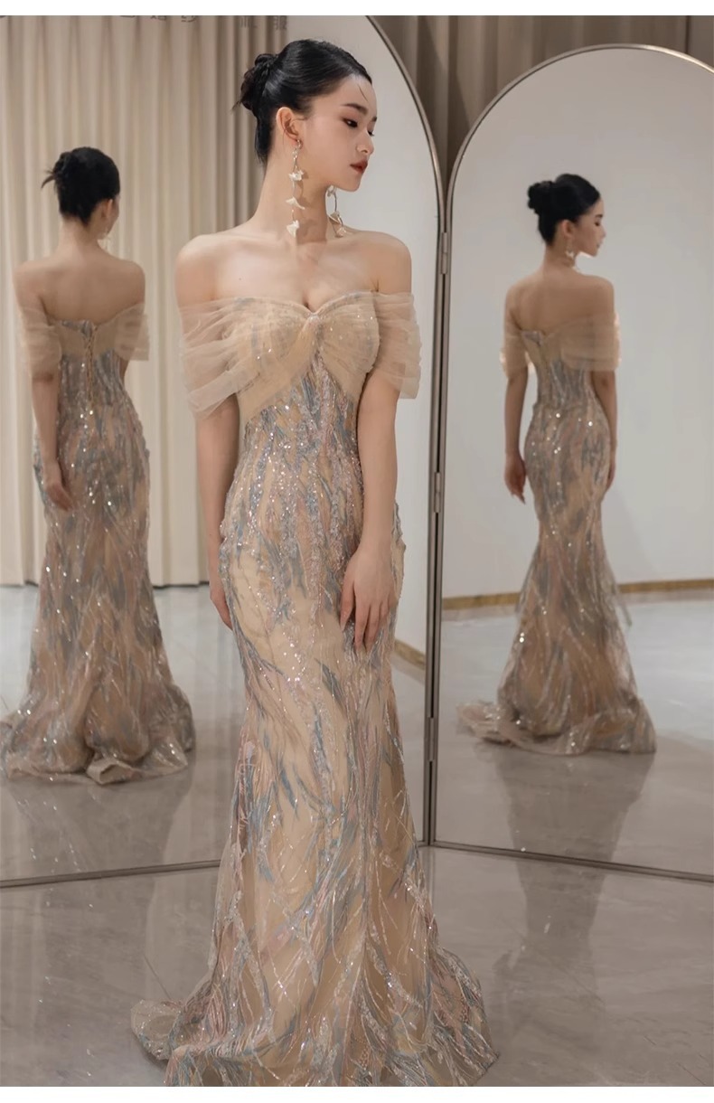 一字肩透膚 高級感長禮服