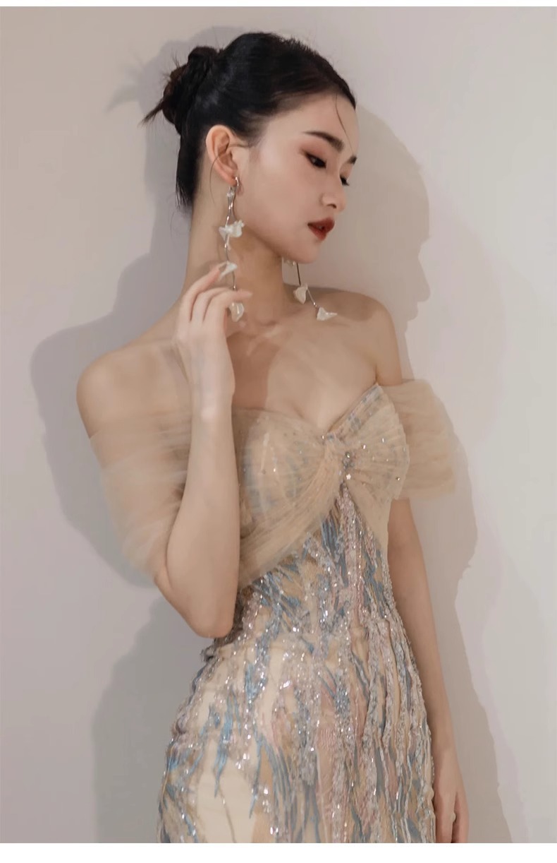 一字肩透膚 高級感長禮服