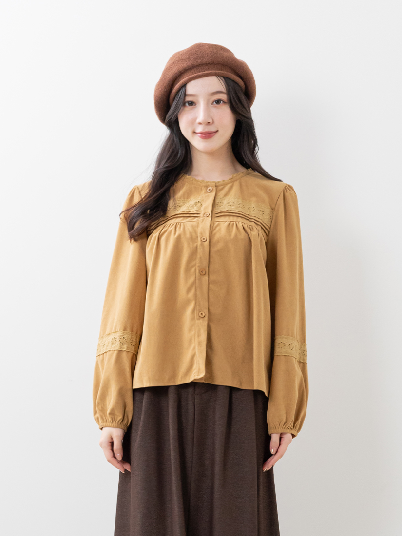 圓領棉布蕾絲壓褶條絨長袖上衣