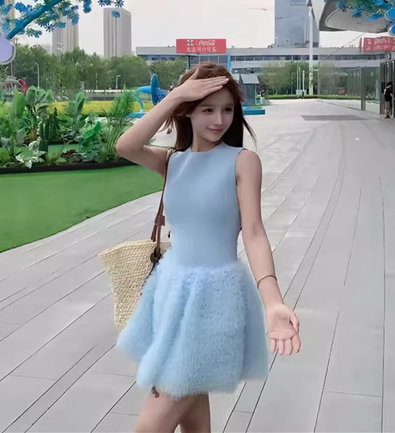 皺皺網紗 寶寶藍俏麗洋裝