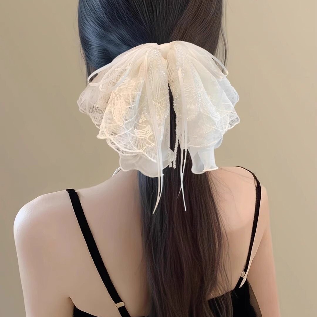 Crystal Embroidered Lace Bow Ponytail Hair Claw