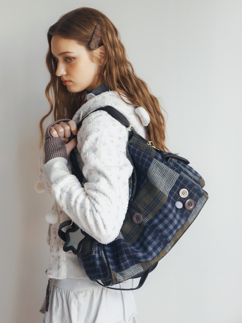 BAD BLUE Patchwork Buttons Pillow Bag