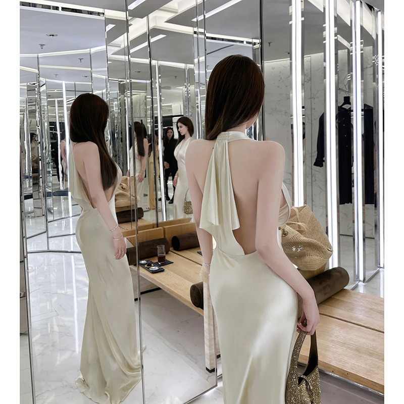 YSL同款 深V露背絲緞長禮服