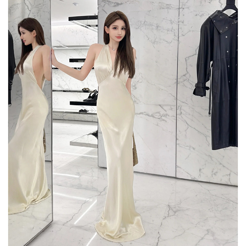 YSL同款 深V露背絲緞長禮服