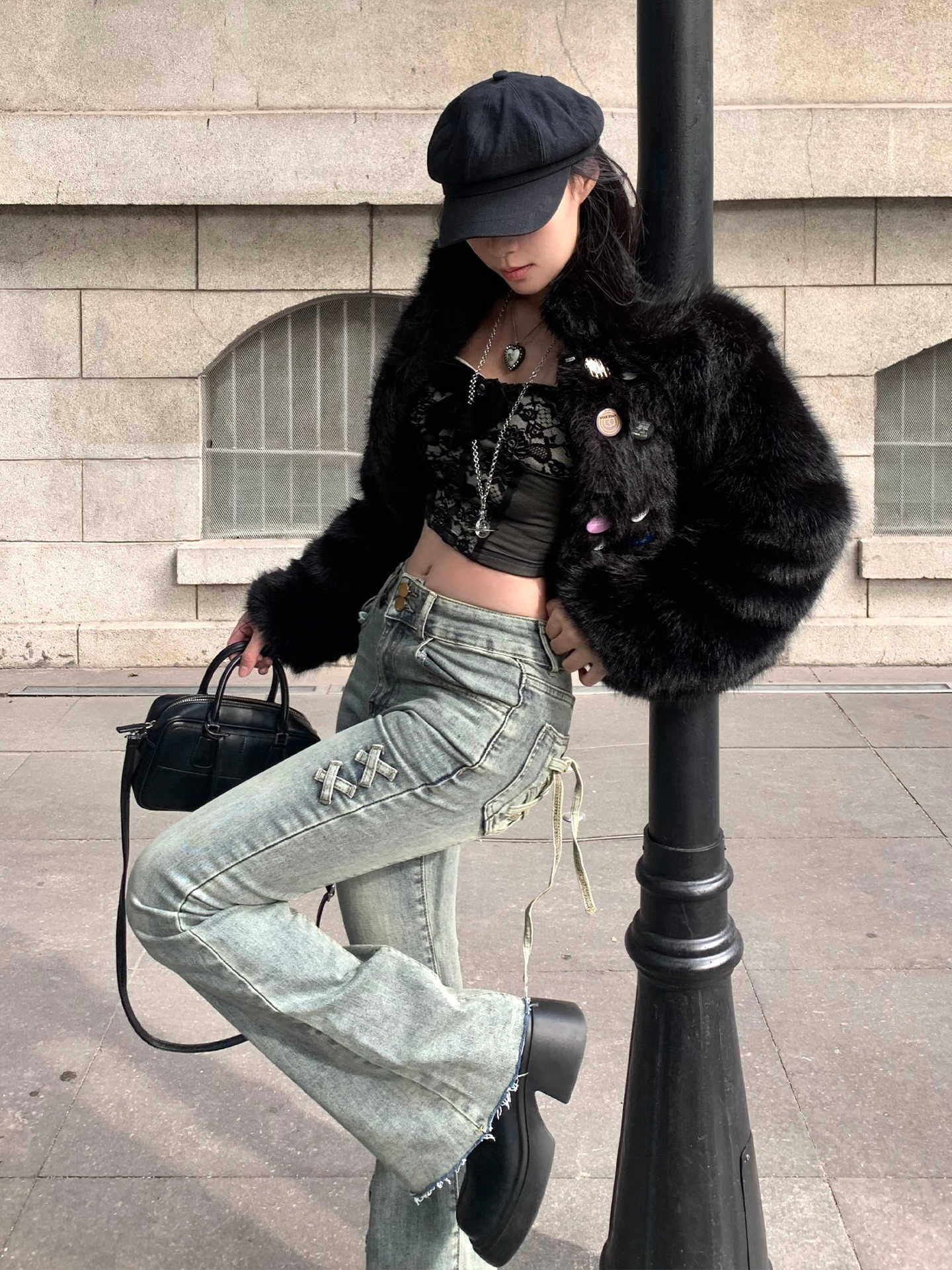 Retro Bow Slight Flare Denim Pants