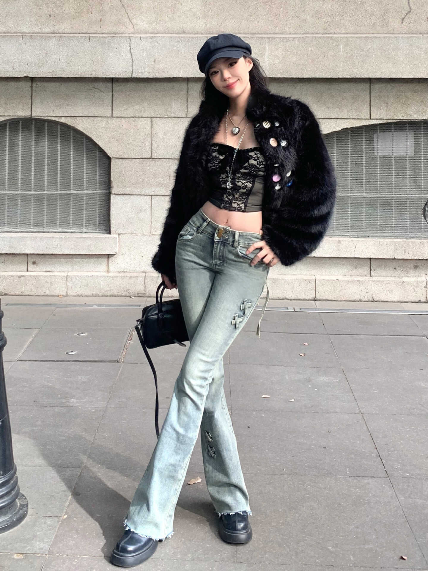 Retro Bow Slight Flare Denim Pants