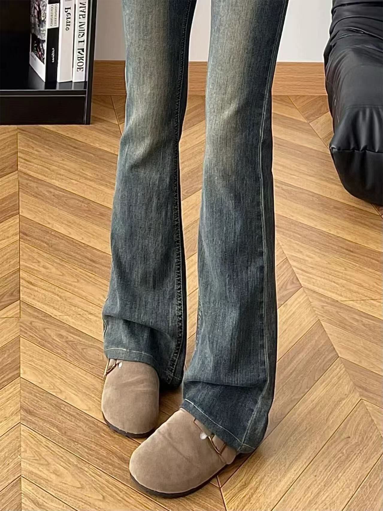 Cement Gray Soft High-Waist Slight Flare Denim Pants