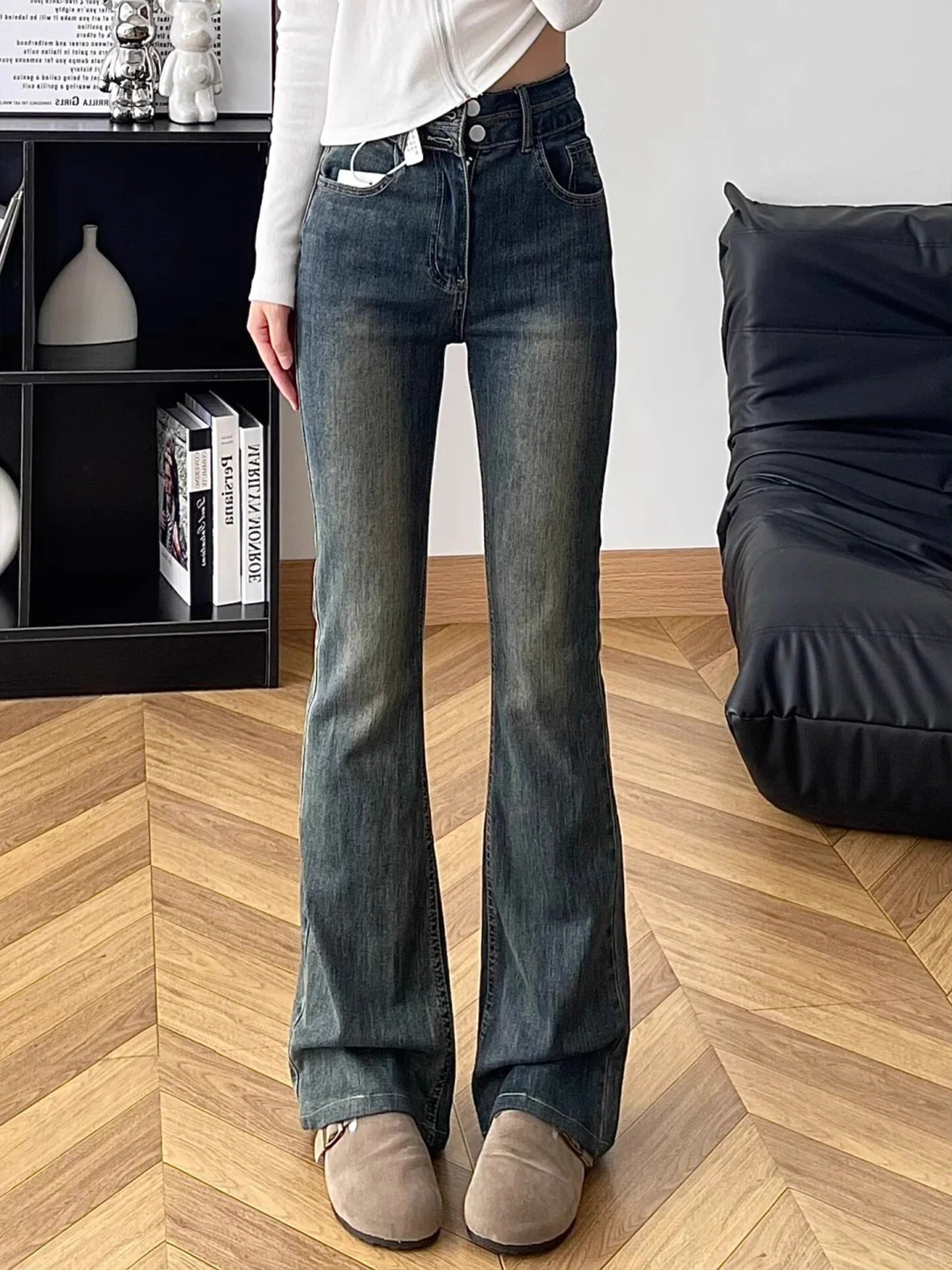 Cement Gray Soft High-Waist Slight Flare Denim Pants