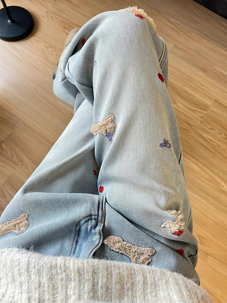 Dachshund Embroidered High-Waist Loose Denim Pants