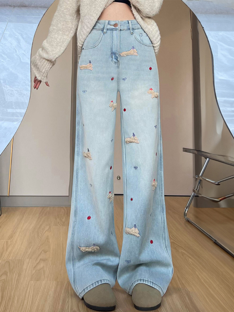 Dachshund Embroidered High-Waist Loose Denim Pants