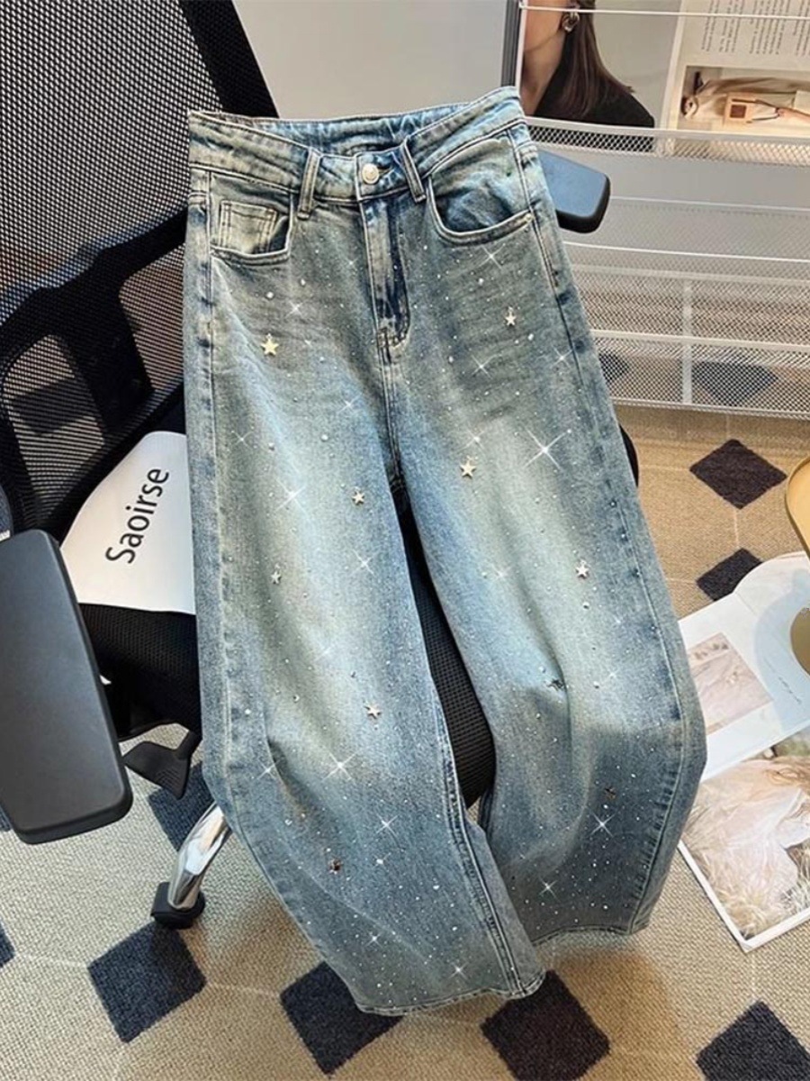 Star Rhinestone Drop-Effect Wide-Leg Denim Pants