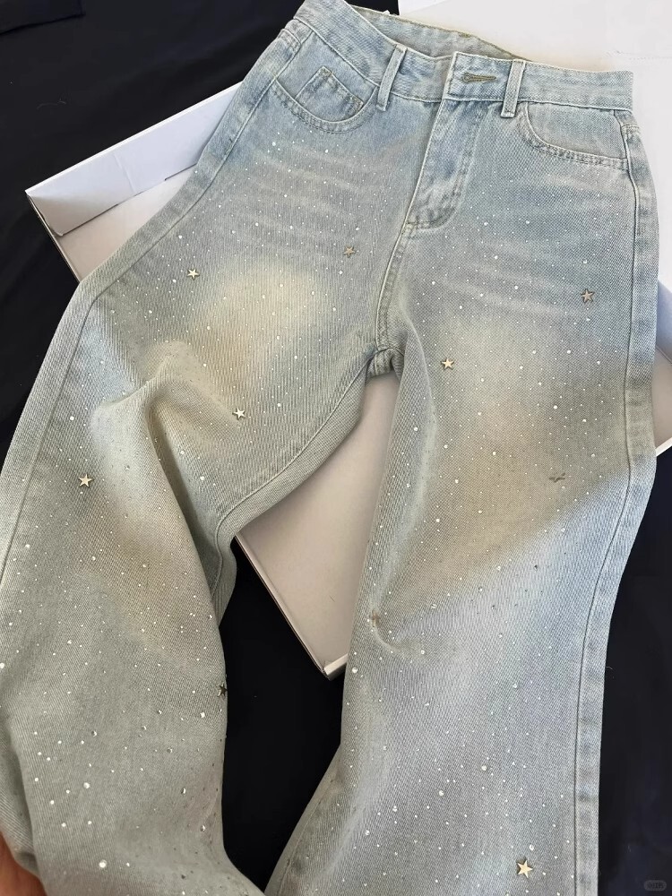 Light Blue Elegant Star Rhinestone Shiny High-Waist Denim Pants