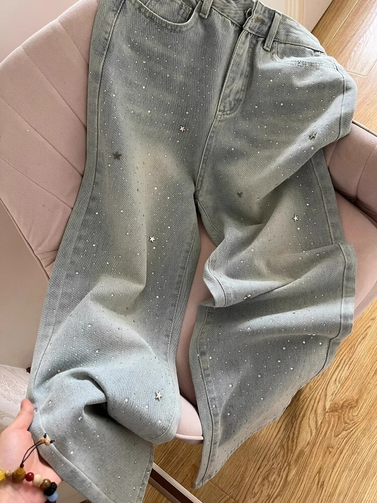 Light Blue Elegant Star Rhinestone Shiny High-Waist Denim Pants
