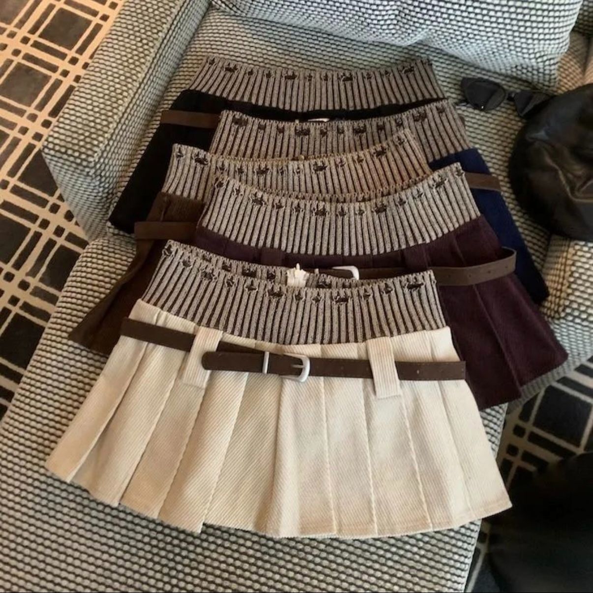 Merrad Knit-Panel Corduroy High-Waist A-Line Pleated Skirt