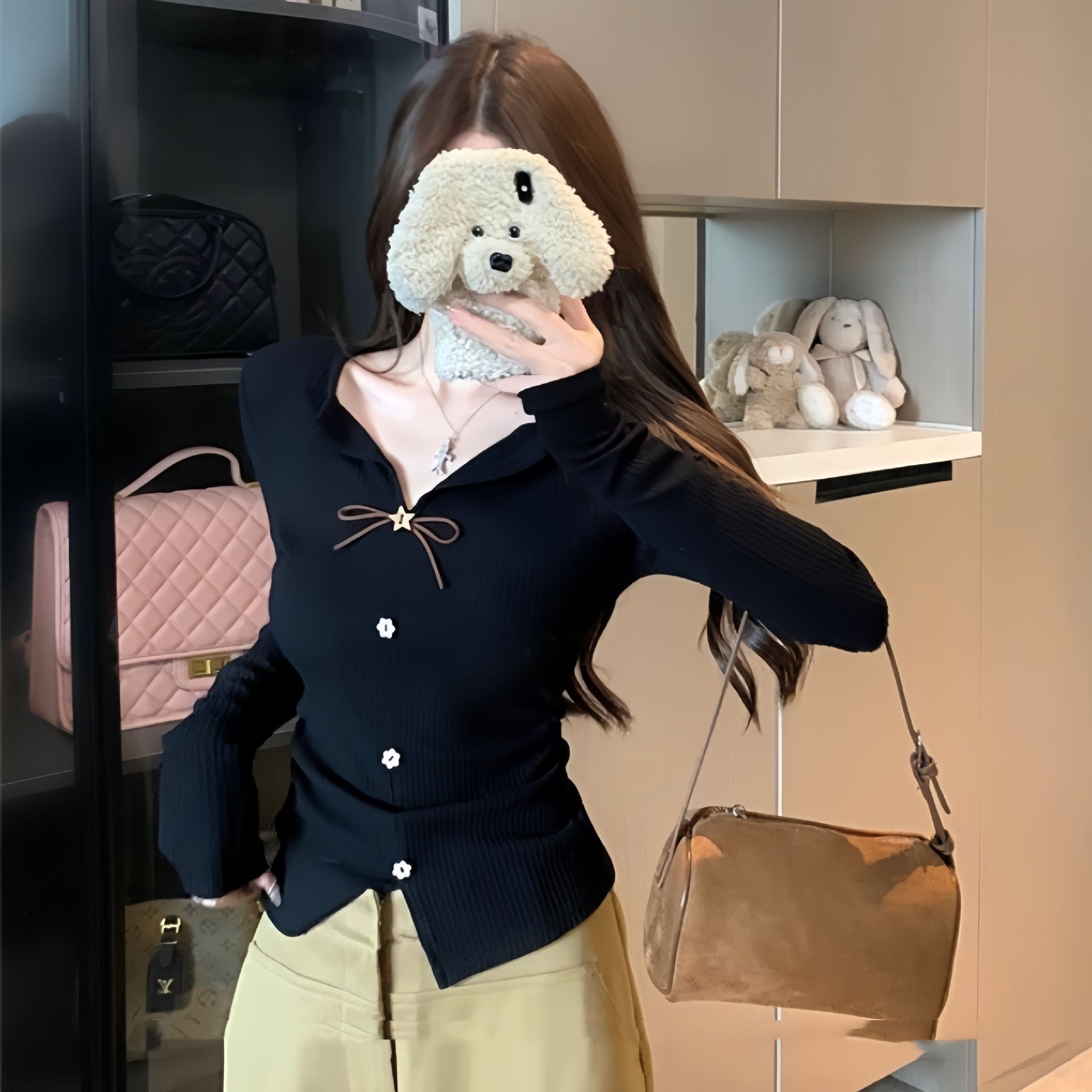 French Sweet-Spicy Bow Knit Long-Sleeve T-Shirt