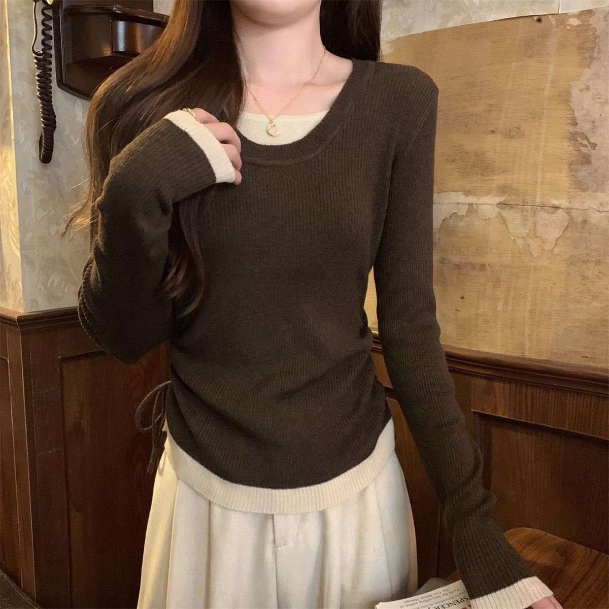 Korean-Style Color-Block Drawstring Layered Knit Top