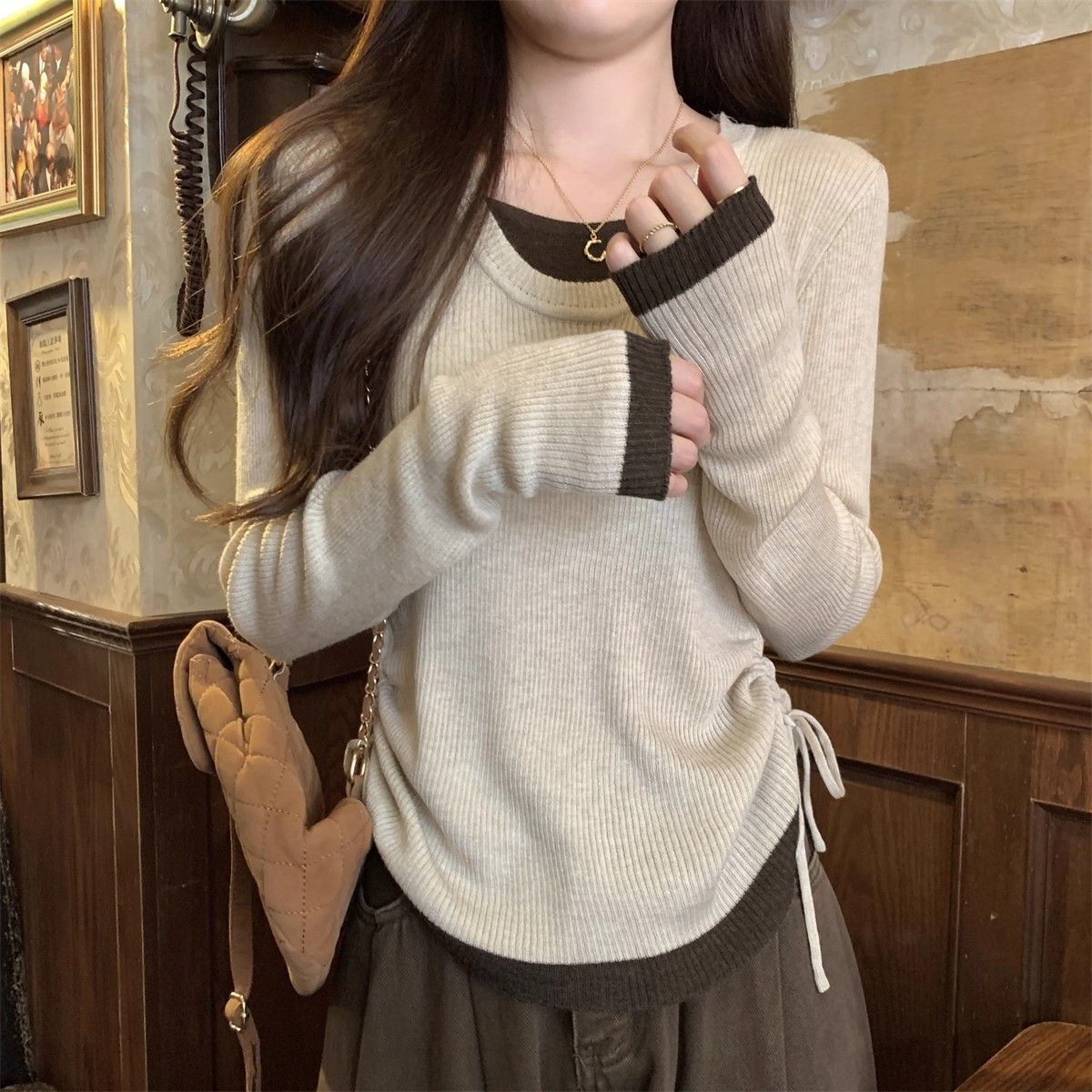 Korean-Style Color-Block Drawstring Layered Knit Top