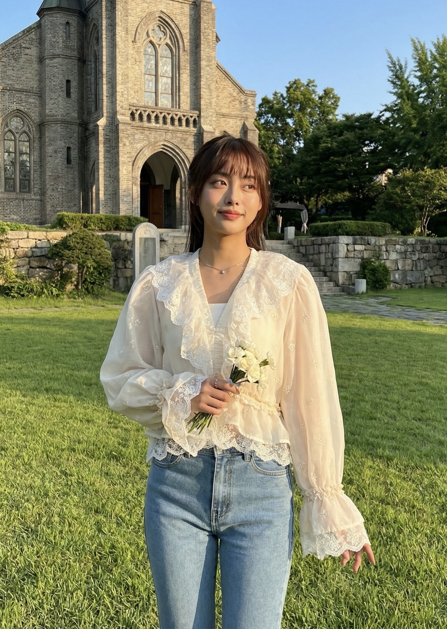 花語刺繡蕾絲荷葉層次上衣