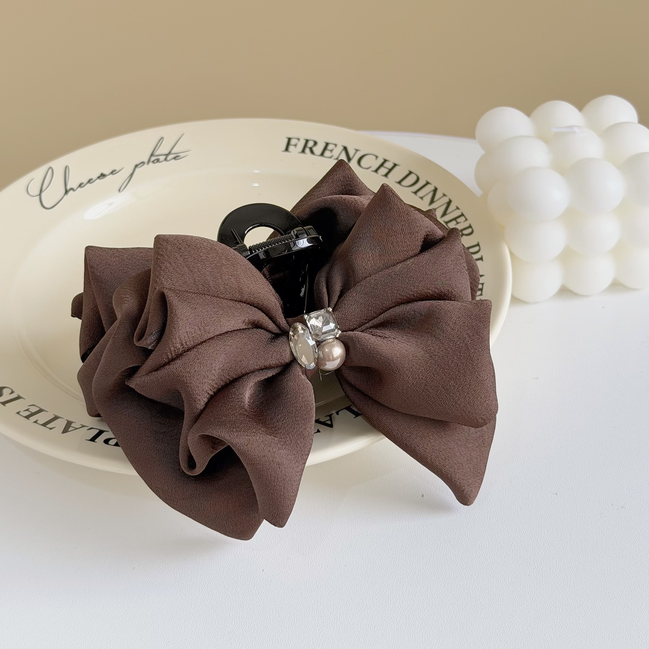 T120水鑽珍珠緞面蝴蝶結鯊魚夾