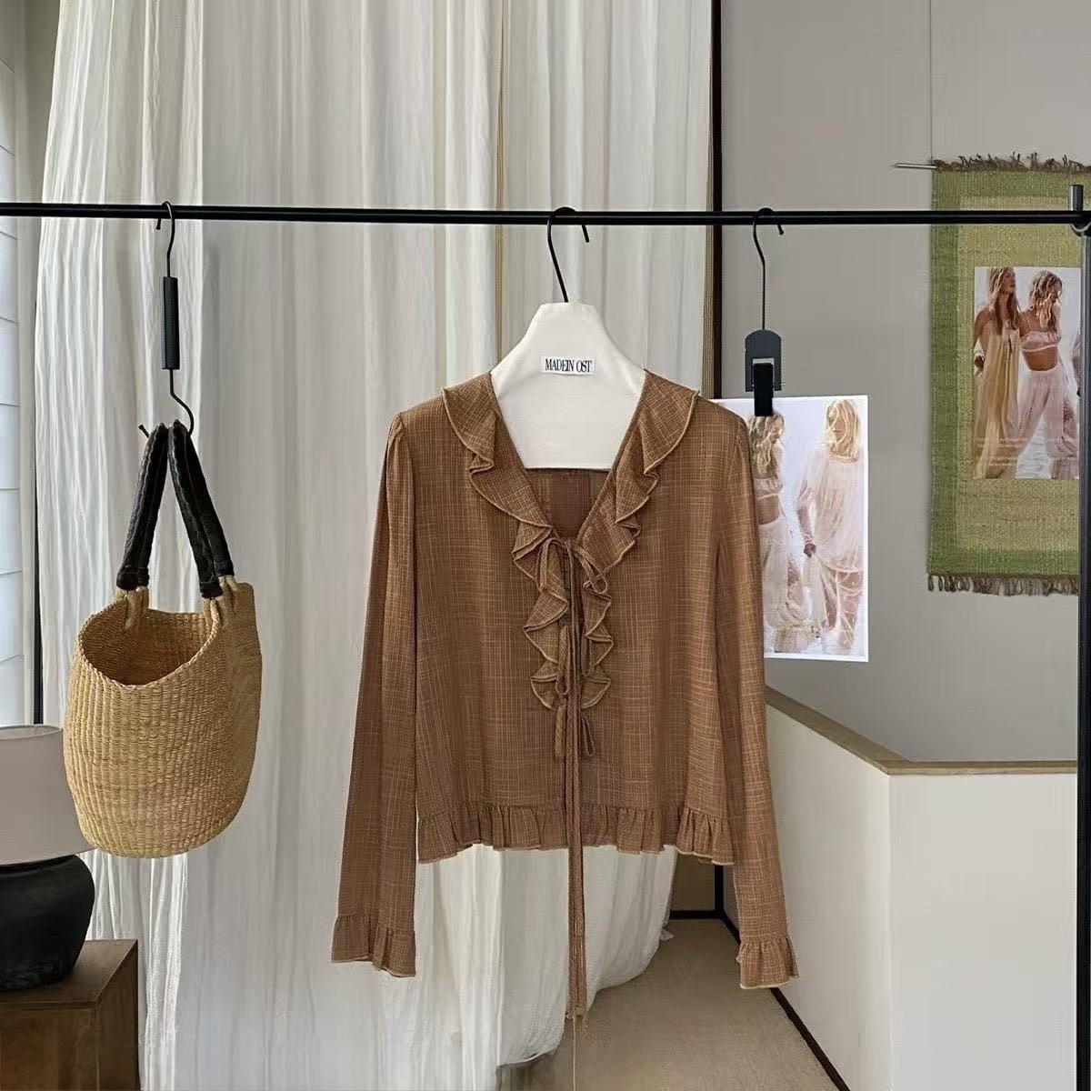 187 肌理感暗格紋v領綁帶衫