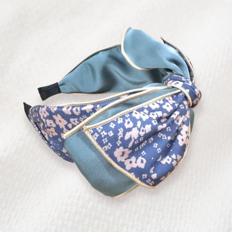 韓國直送髮飾 雙色 藍底橘花花圖案+淺藍底滾邊中大蝴蝶結手工髮箍