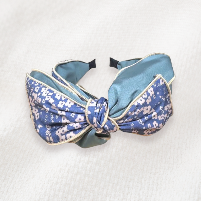 韓國直送髮飾 雙色 藍底橘花花圖案+淺藍底滾邊中大蝴蝶結手工髮箍