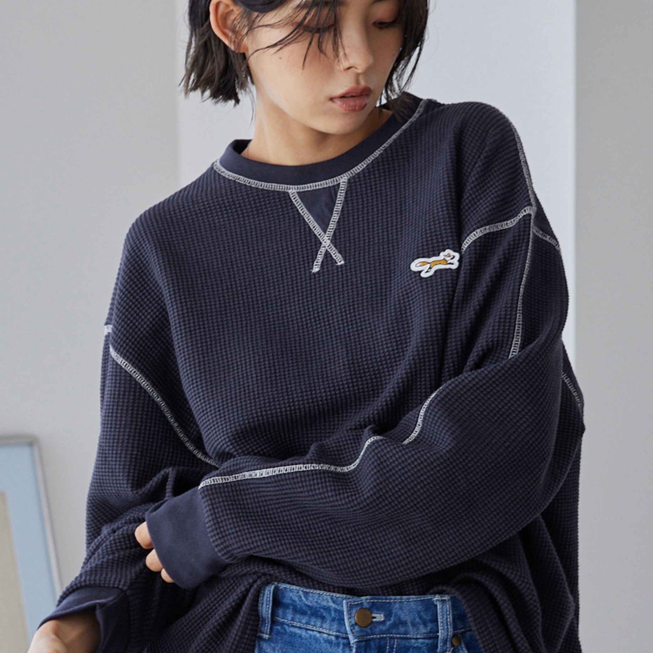 PENNEYS - ペニーズ 別注 THE FOX ワンポイントロゴ 刺繍 ステッチ配色ワッフル長袖Tシャツ 抗菌防臭